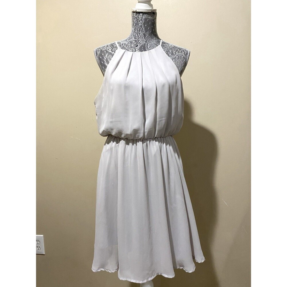 Lush Womens L Gray Chiffon Halter Mini Dress Pleated Blouson Party Cocktail Gown - Picture 2 of 16